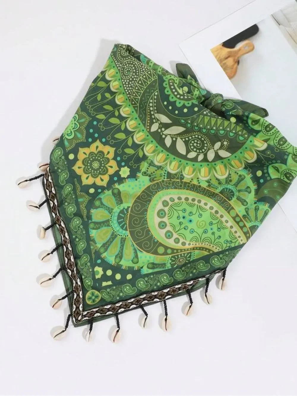 Green Paisley Scarf with Fringe S177